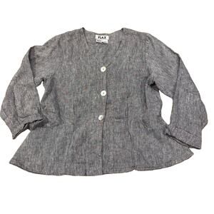 FLAX Lagenlook 100% Linen Peplum Shirt Jacket Shell Buttons Black Small Pockets